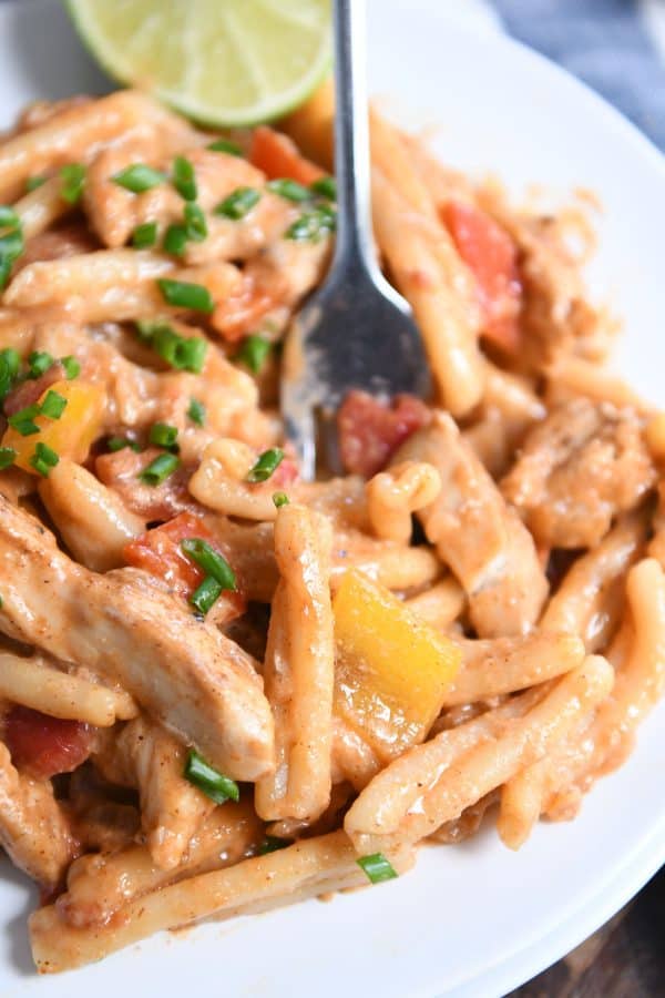 Skillet chicken fajita pasta on white plate, digging in with fork.