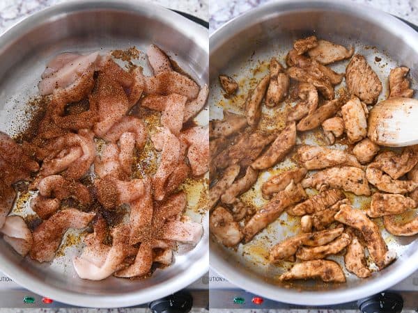 Cooking chicken in pan for skillet chicken fajita pasta.