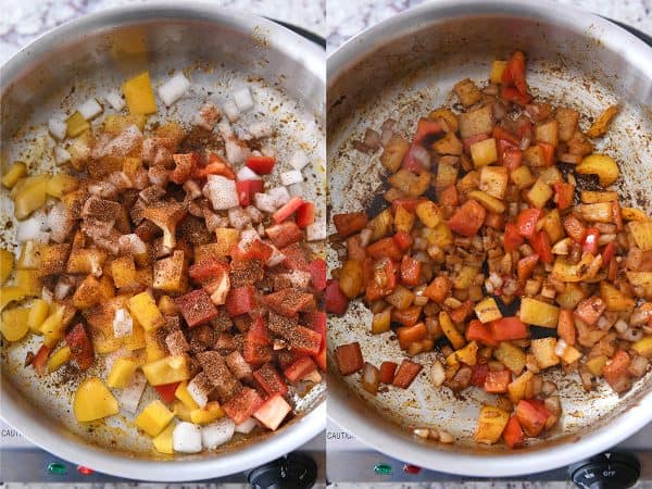 Cooking peppers and onions in pan for skillet chicken fajita pasta.