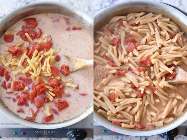 Cooking pasta and tomatoes in pan for skillet chicken fajita pasta.