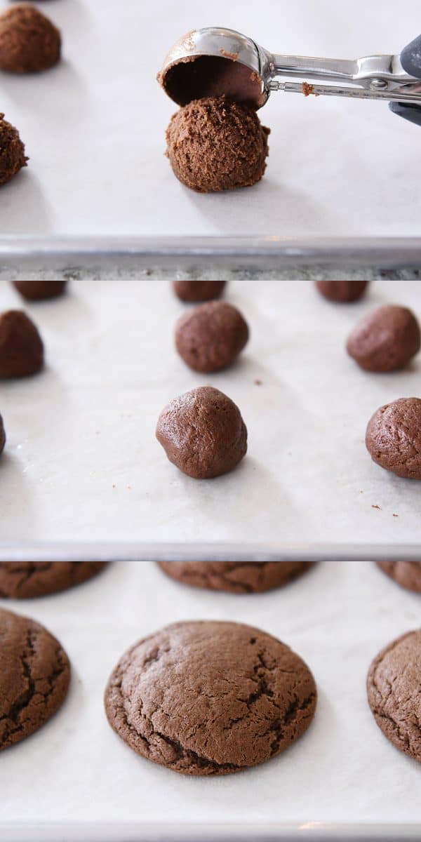 Baked chocolate peanut butter buckeye cookies on parchment lined baking sheet.