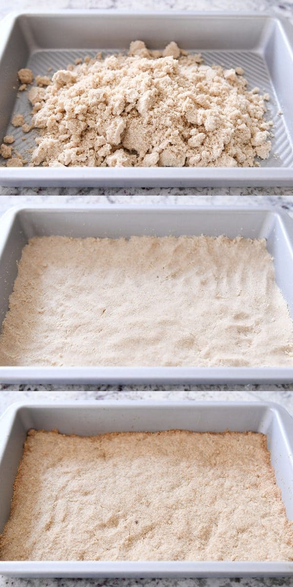 Pressing shortbread crust into 9X13-inch pan, unbaked and baked.