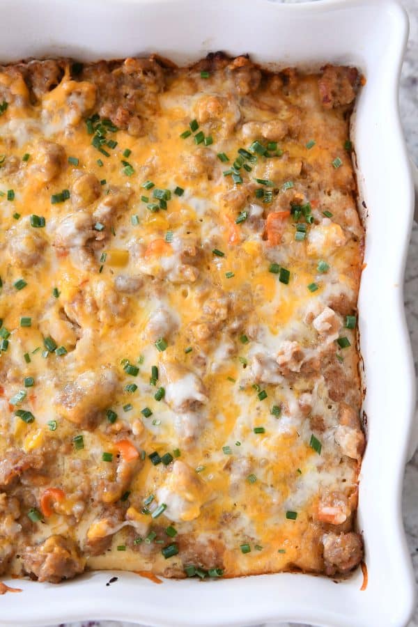 Top down view of the baked make-ahead overnight tater tot breakfast casserole.