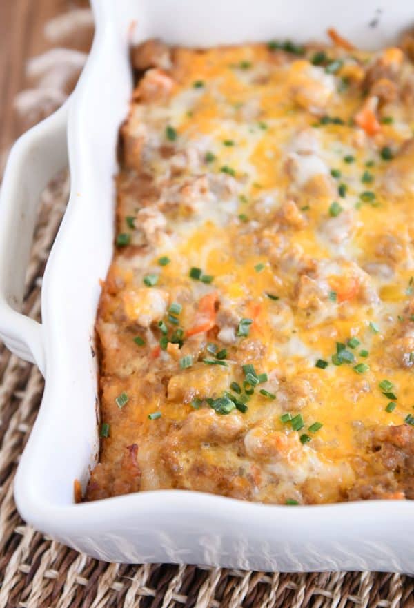 Baked make-ahead overnight tater tot breakfast casserole.