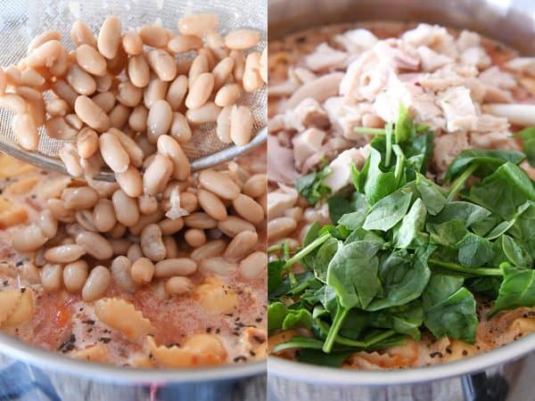 Adding beans, chicken and spinach to tortellini soup.