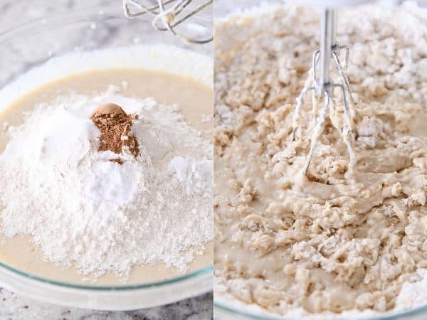 Adding dry ingredients to wet ingredients for banana cream cheese coffee cake.