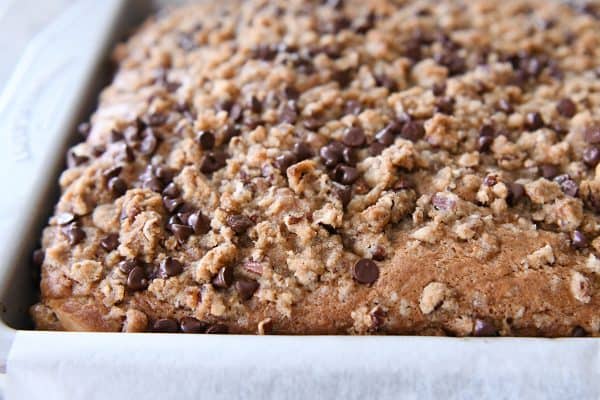 Baked banana cream cheese coffee cake with streusel topping.