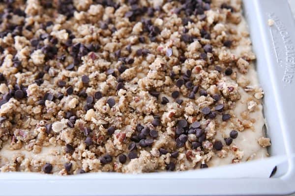 Streusel-topped unbaked banana coffee cake.