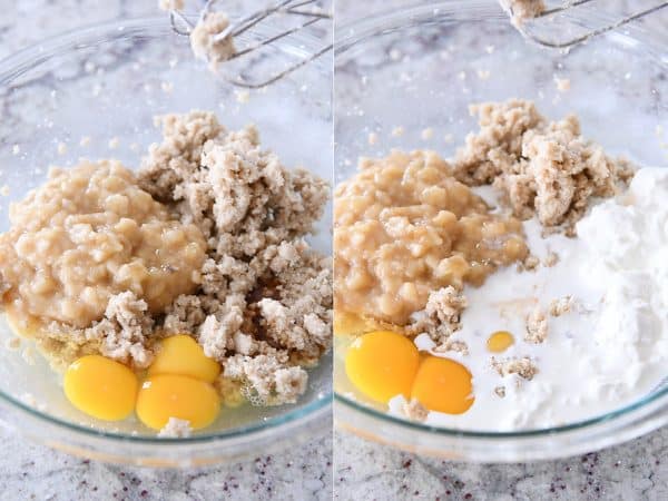 Mixing ingredients for banana cream cheese coffee cake in glass bowl.