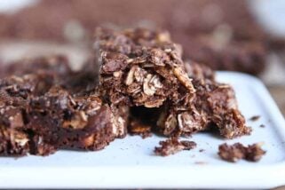 close view of broken dark chocolate brownie granola bar