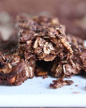 close view of broken dark chocolate brownie granola bar