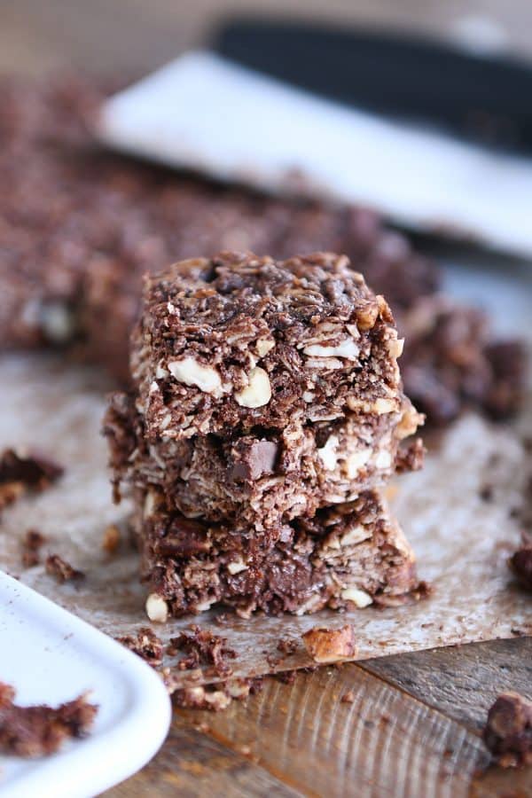 dark chocolate brownie granola bars cut into squares