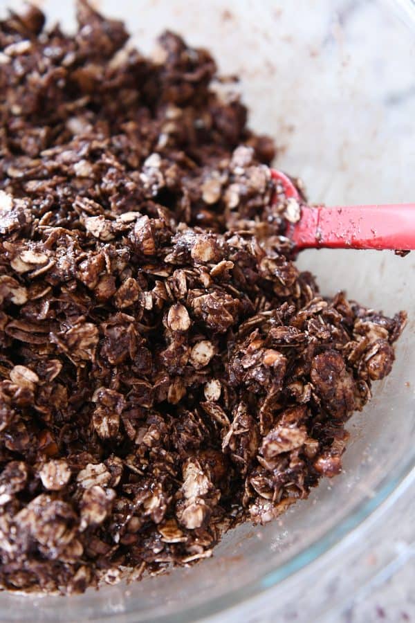 Mixing dark chocolate brownie granola bar "batter".