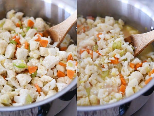 Cooking cauliflower until tender for cheesy cauliflower soup.