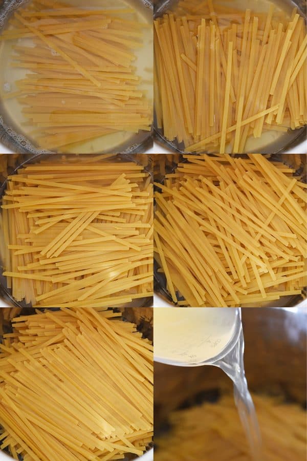 Collage of how to put the noodles crosswise in the Instant pot for red coconut curry noodles.