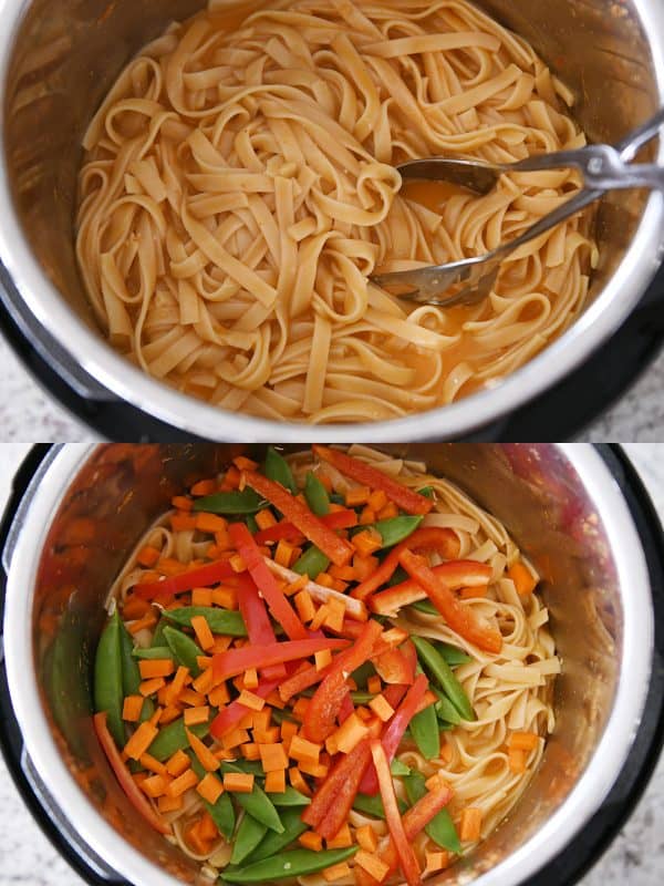 Adding vegetables to red coconut curry noodles.