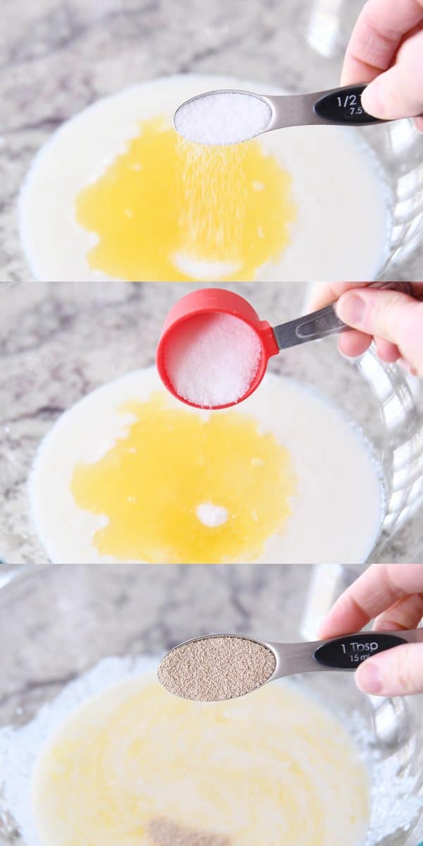 Adding butter, sugar, salt and yeast to buttermilk.