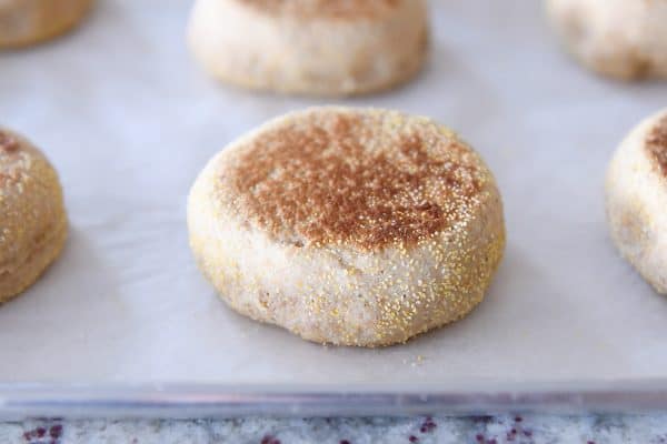 baked english muffin on parchment lined baking sheet