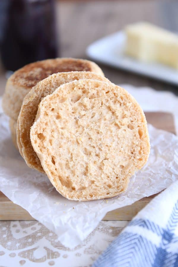 Easy homemade english muffins split in half.