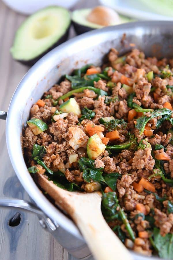 Skillet full of filling for veggie turkey taco lettuce cups.