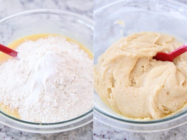 mixing flour into batter for white chocolate brownies