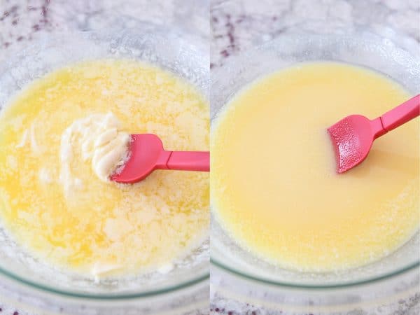 Stirring together white chocolate and butter.