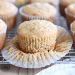 unwrapped banana muffin on wire rack