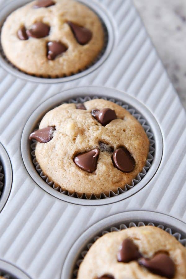 Banana muffin with chocolate chips in muffin tin.