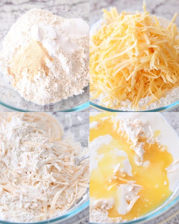 adding ingredients together for cheesy garlic drop biscuit batter