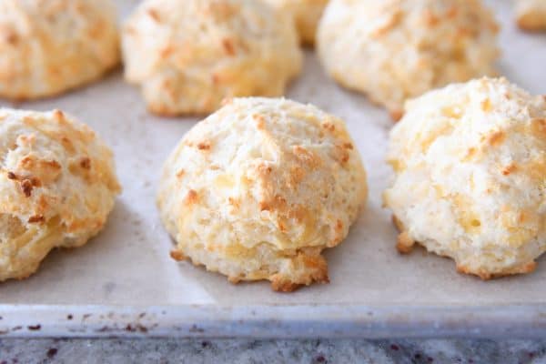 Baked and unbuttered cheesy garlic drop biscuit.
