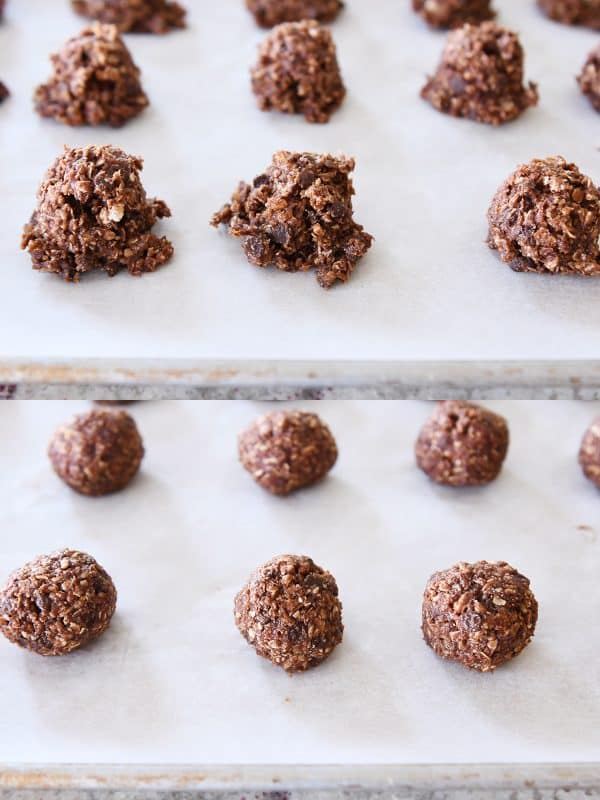 Scooping chocolate peanut butter granola bites and rolling into balls.