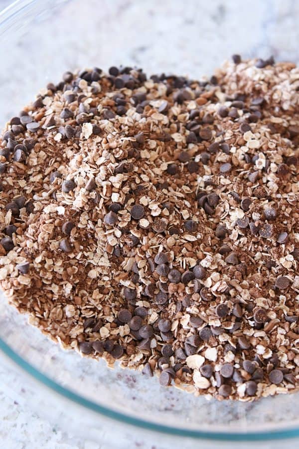 mini chocolate chips mixed into granola dry ingredients