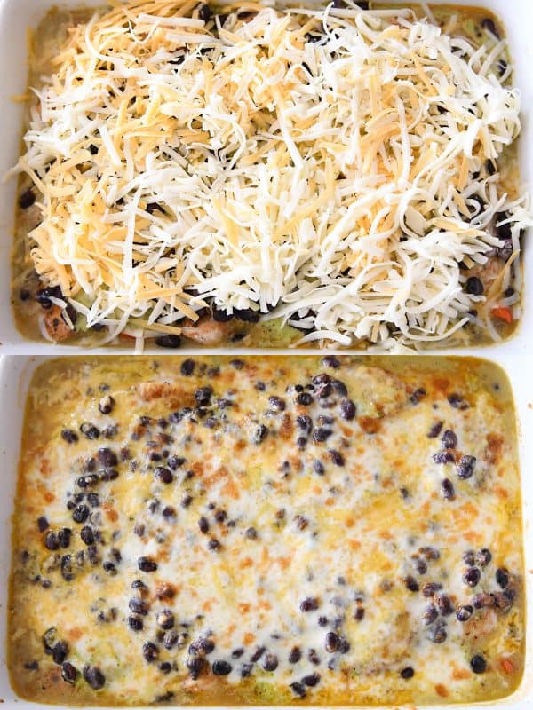 putting cheese on cheesy chicken enchilada bake and after shot of it being baked
