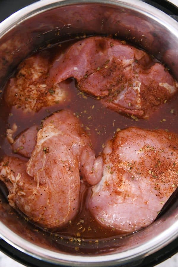 Seasoned pork roast in instant pot for bbq pork tacos.