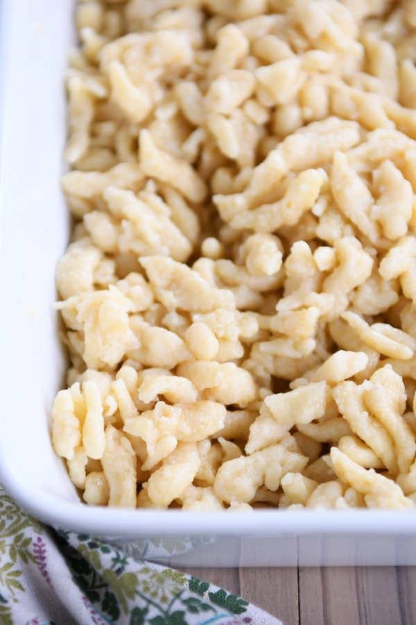 homemade German spaetzle noodles in white dish