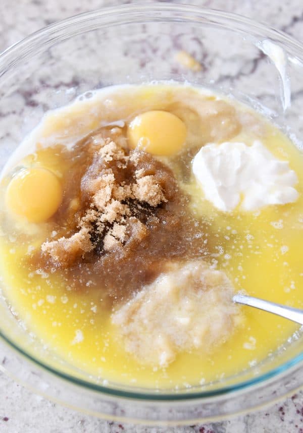 Bowl of wet ingredients for the best banana muffins.