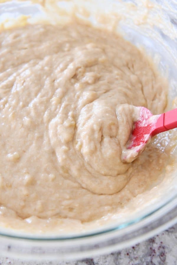 Bowl of batter for the best banana muffins.