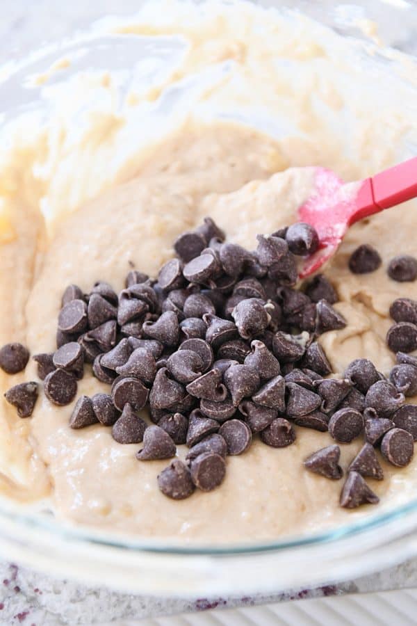 Bowl of banana muffin batter with chocolate chips.