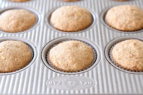 Baked banana muffins in muffin tin.