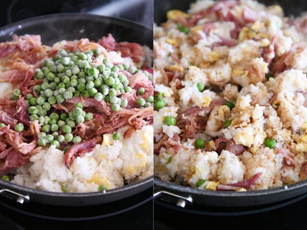 Adding ham and peas to easy ham fried rice.