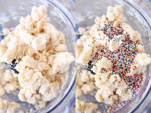 Adding sprinkles to dough for funfetti shortbread bites.