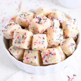 baked funfetti shortbread bites in white bowl