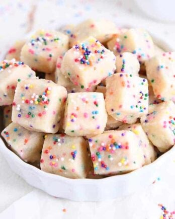 baked funfetti shortbread bites in white bowl