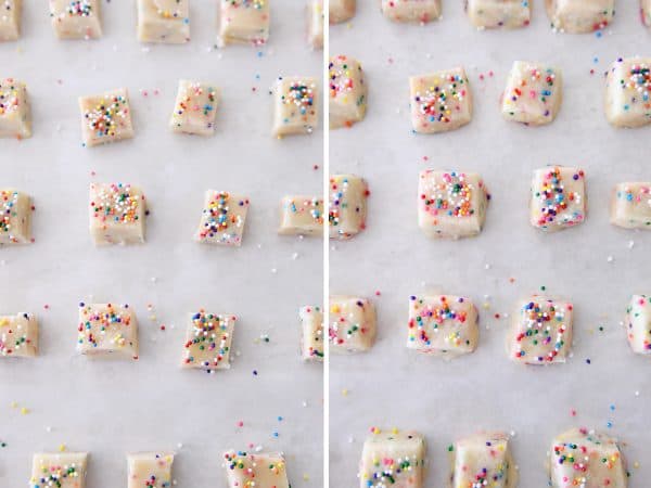 Unbaked and baked funfetti shortbread bites.