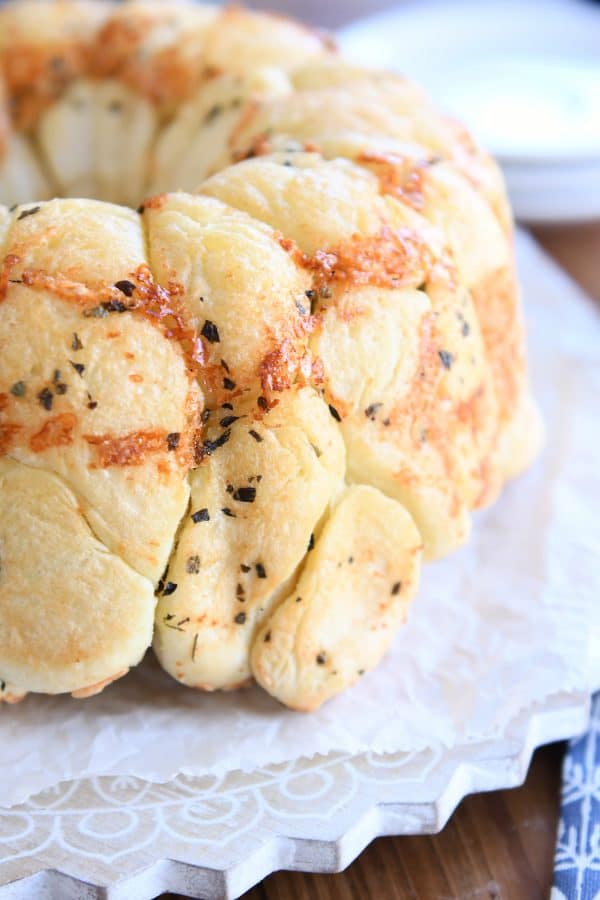 buttery garlic + herb pull-apart bubble bread on white platter