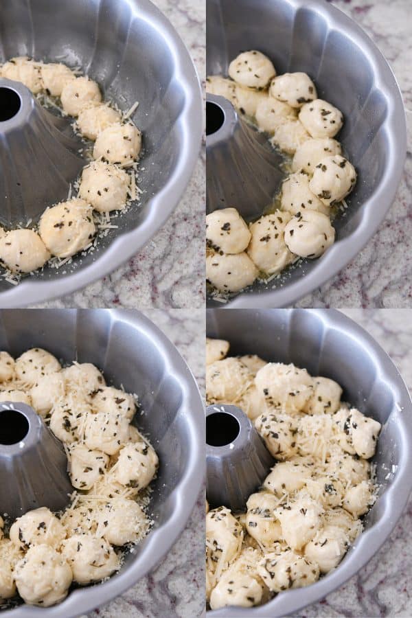 Assembling pull-apart bubble bread in bundt pan.