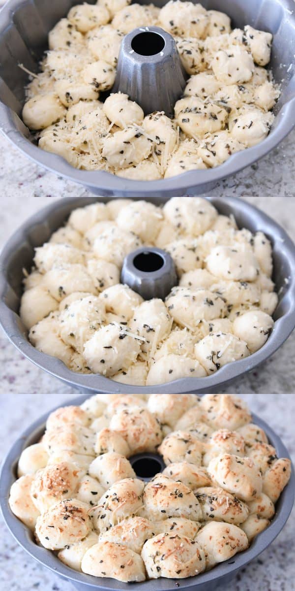 Dough rising and then baked for pull-apart bubble bread.