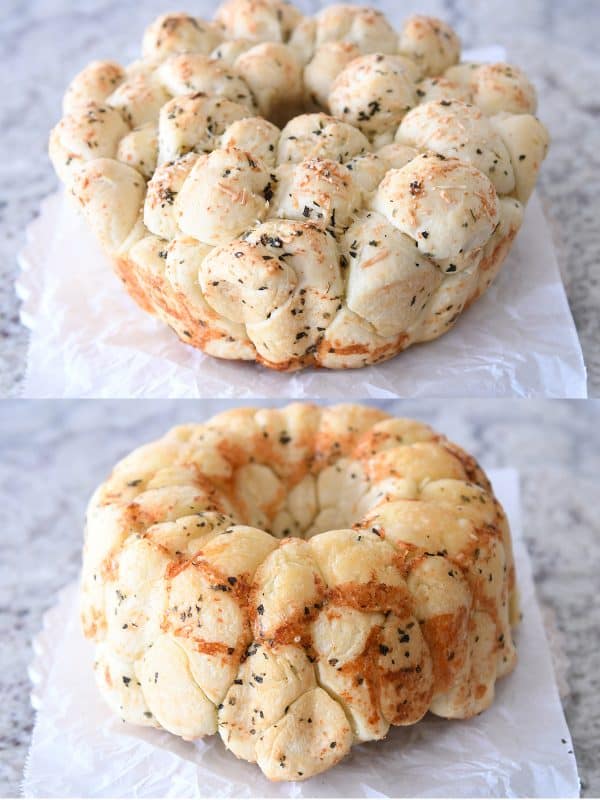 Baked pull-apart bubble bread flipped upside down.
