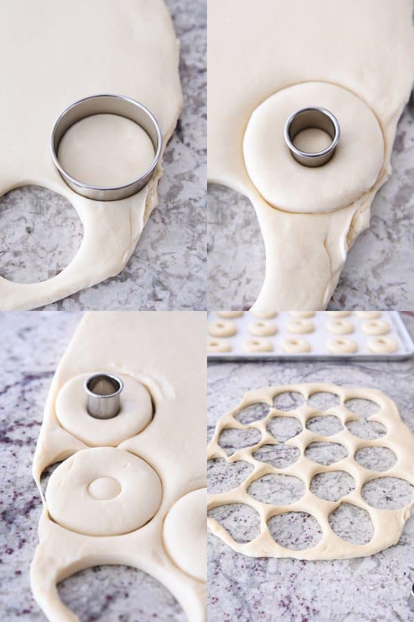 Cutting out homemade donuts with donut cutter.