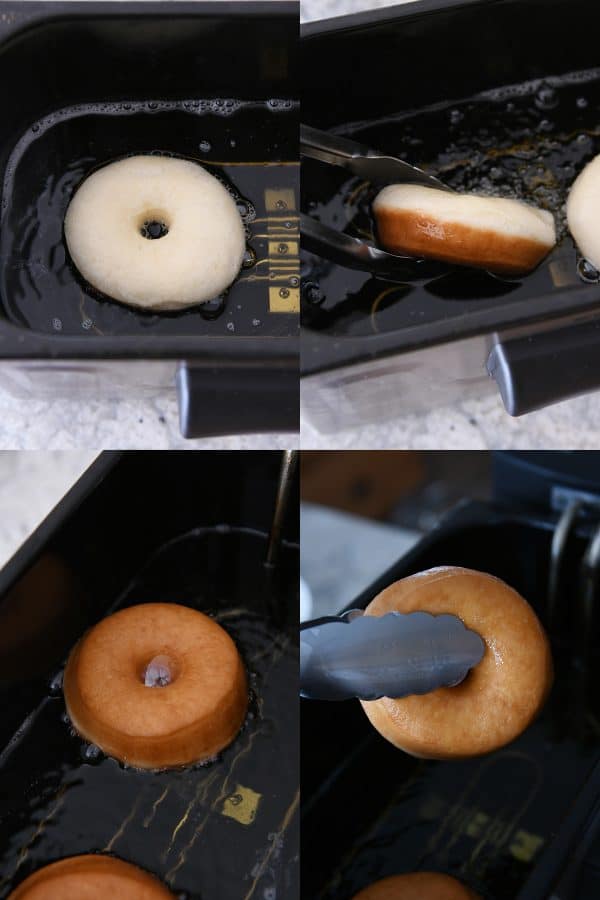 Frying homemade donuts.